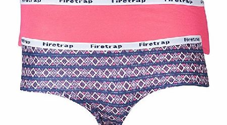 Designer ME Womens Firetrap Two Pack Boy Shorts Pink Flambe/Multi Girls Ladies (XS UK 8 Bust 32`` Waist 26-27`` Hip 34`` Euro 34)