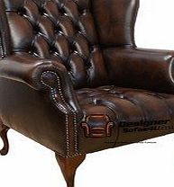 Designer Sofas4u Chesterfield Mallory Buttoned Seat Flat Wing Queen Anne High Back Wing Chair UK Manufactured Antique Brown