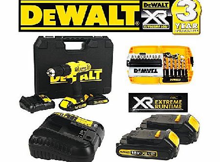  XR 18v Cordless Hammer Driver Drill With 2 x 1.3Ah Lithium Batteries DCB185 1 x DCB107 Rapid Charger And 16 Piece Dewalt Accessory Kit