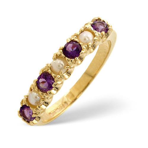 Amethyst and Pearl Half Eternity Ring In 9 Carat Yellow Gold