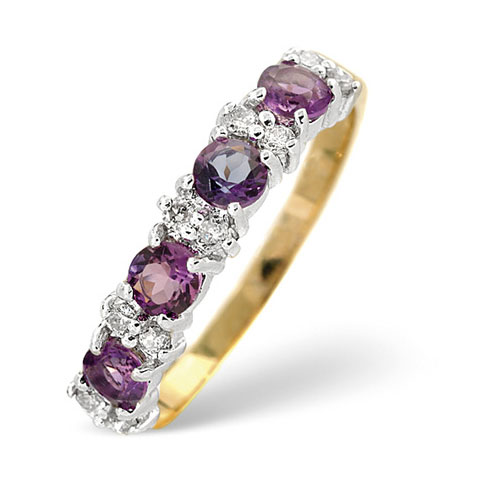 Diamond and Amethyst Half Eternity Ring In 9 Carat Yellow Gold