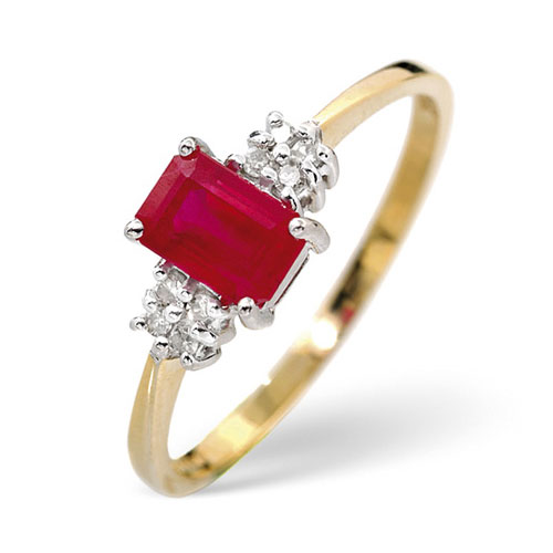 Emerald Cut Ruby and 0.06 Diamond Ring In 9 Carat Yellow Gold