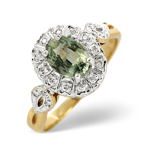 Green Sapphire and 0.06 Ct Diamond Ring In 9 Carat Yellow Gold