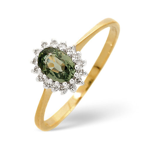 Green Sapphire and 0.08 Carat Diamond Ring In 9 Carat Yellow Gold