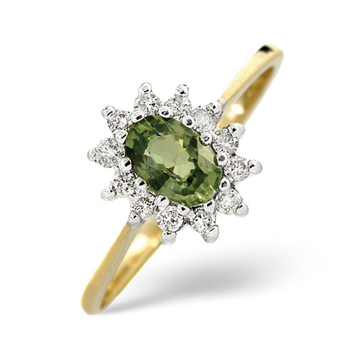 Green Sapphire and 0.18 Carat Diamond Ring In 9 Carat Yellow Gold