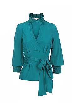 Turquoise stretch satin wrap shirt with high neck and ruffle trim