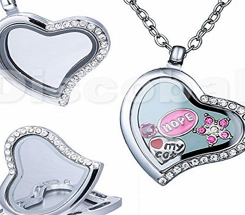 discoball Crystal Silver Living Memory Locket Charm Necklace Floating Pendant Heart Shape