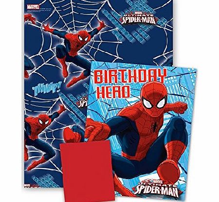 Disney Marvel Spider Man Wrapping Paper with Birthday Card and Gift Tag