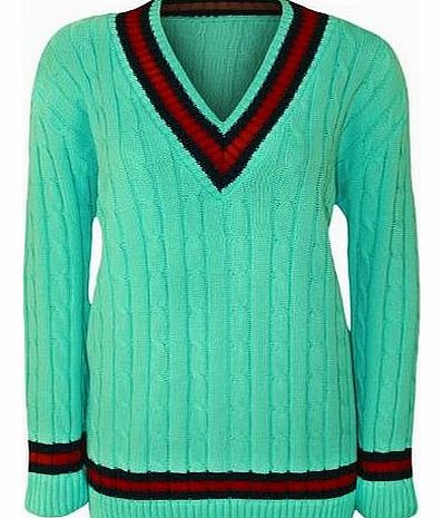 Ditzy Fashion Ladies Knitted V Neck Cable Cricket Jumper Long Sleeve Womens Striped Top Turquoise 12/14
