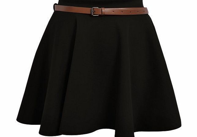 Divadames Ladies Skater Skirt Womens Belted Flared Plain Mini Skirt Sizes UK Black M/L