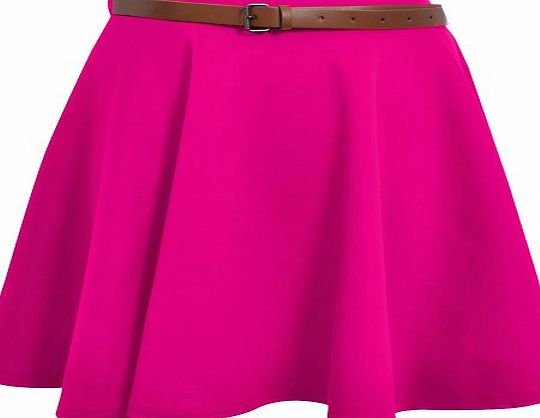 Divadames Ladies Skater Skirt Womens Belted Flared Plain Mini Skirt Sizes UK Pink M/L