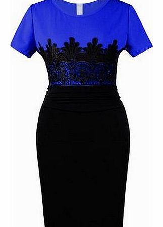 DJT Women Fashion Designer Celebrity Cap Sleeve Lace Evening Pencil Midi Bodycon Panel Mini Dress Black Blue Size M EU 40