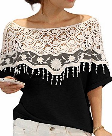 DJT Women Lace Embroidery Tee Ladies Fashion New Black Tunic Slim Fitted Blouse Tops T-Shirt Size XL