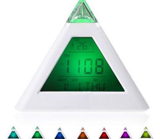 7 LED Color Changing Pyramid Digital LCD Alarm Clock Thermometer C/F(Style 6 Pyramid 7 Color Clock)