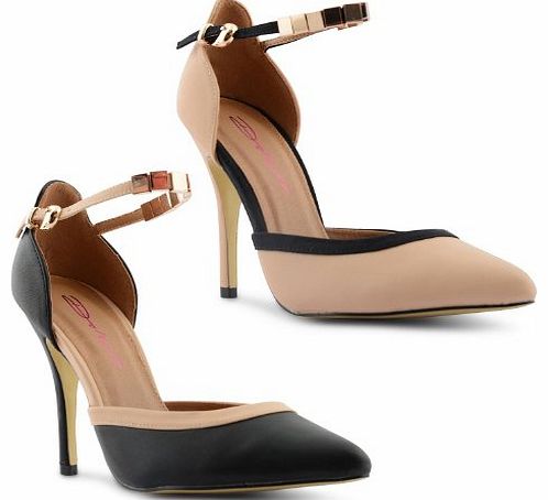 New Dolcis Ladies Stiletto High Heel Metal Detail Strap Court Shoes Sandals Size UK 3-8, Black Nude UK 7