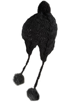 Black faux fur pom pom trapper