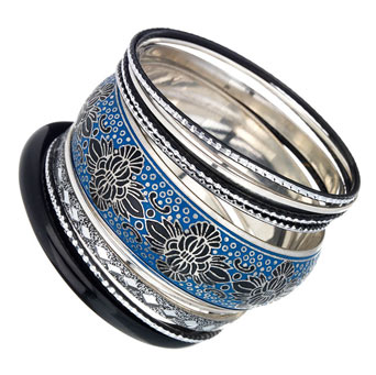 Dorothy Perkins Engraved silver, black and blue bangle pack