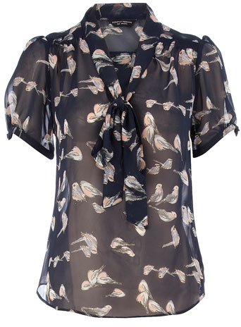 Dorothy Perkins Navy bird pussybow blouse DP05294823
