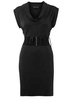 Petite black cowl belted dress