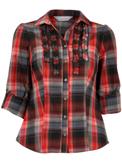 Dorothy Perkins Petite Red/black check ruffle shirt