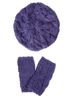 Purple hat and handwarmer set