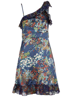 Dorothy Perkins Vila blue floral one shoulder dress
