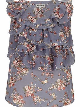 Womens Alice & You Floral Print Ruffle Top- Blue