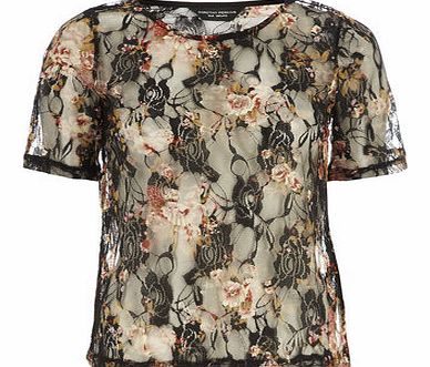 Dorothy Perkins Womens Black And Red Lace Print Tee- Multi