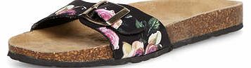 Womens Black floral leather footbeds- Black