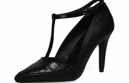 Womens Black T-bar pointed court shoes- Black