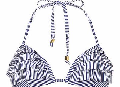 Dorothy Perkins Womens Blue Stripe 3D Ruffle Bikini Top- Blue