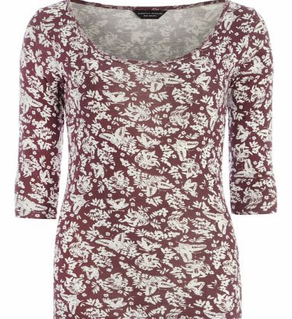 Womens Butterfly 3/4 Sleeve Scoop Top- Wine