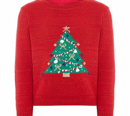 Womens Childrens Christmas Tree Jumper- Red