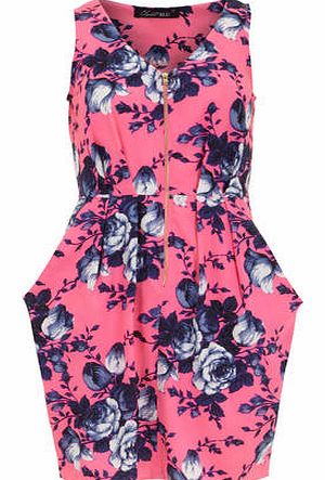 Womens Closet Pink Rose Print Zip Dress- Pink