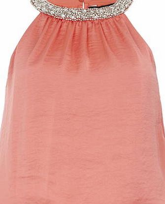 Dorothy Perkins Womens Coral Embellished Cut Away Top- Coral