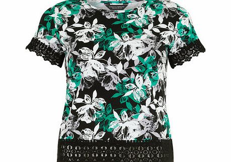 Dorothy Perkins Womens Floral Lace Hem and Cuff Tee- Black