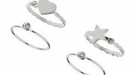 Dorothy Perkins Womens Heart And Star Midi Ring Pack- Silver