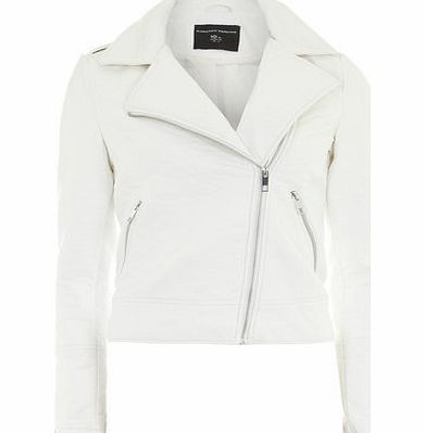 Womens Ivory Faux Leather Biker Jacket- White