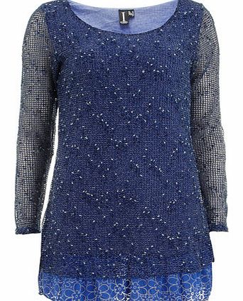 Womens Izabel London Blue Lace Embellished Top-