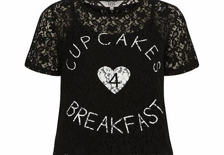 Dorothy Perkins Womens Lola Skye Black Lace Slogan T Shirt-