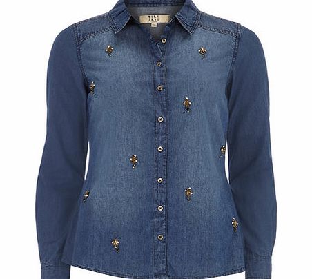 Dorothy Perkins Womens Lola Skye Embellished Denim Shirt- Blue