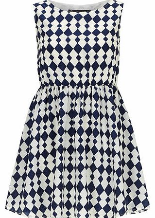 Womens Mela Navy White Check Print Dress- Blue