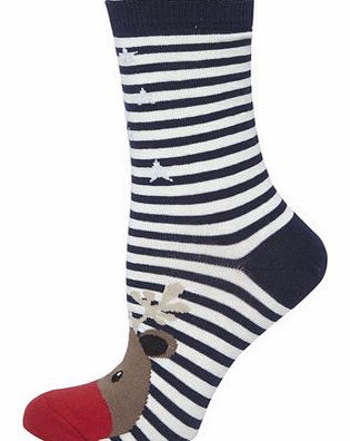 Dorothy Perkins Womens Navy and Cream Striped Reindeer Socks-