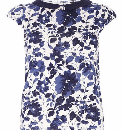 Dorothy Perkins Womens Navy and Pink Floral Collar Top- Navy