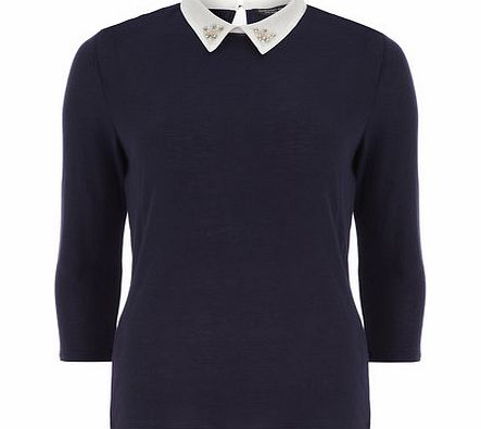 Dorothy Perkins Womens Navy bling collar jersey knit- Blue