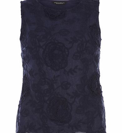 Dorothy Perkins Womens Navy Embroidered Lace Shell Top- Blue