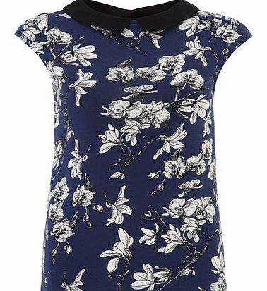 Dorothy Perkins Womens Navy Floral Collar Top- Blue DP56389023