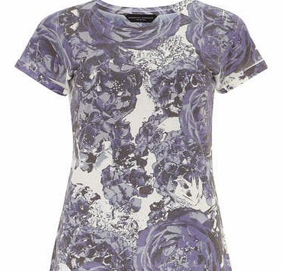 Womens Navy floral print bling tee- Blue