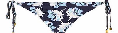 Womens Navy Floral Tie Side Bikini Bottoms- Blue