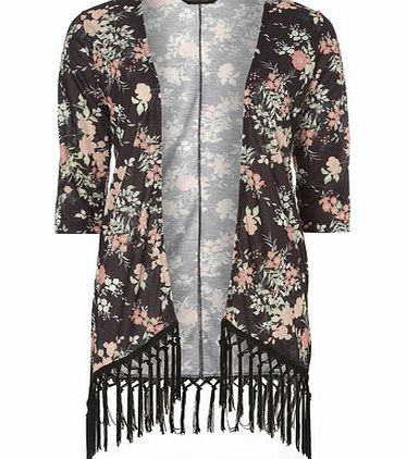 Dorothy Perkins Womens Oriental Floral Tassle Kimono- Black